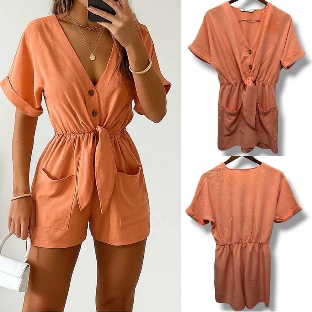 432 Zara | EUC Turkey Peach Button-Front Tie Waist Short Romper (Size S)